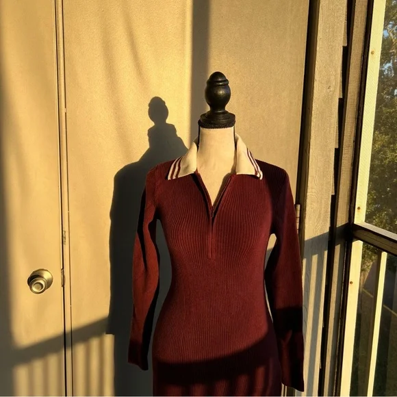 Abercrombie Burgundy Ribbed Long Sleeve Sweater Dress Collared Knit Bodycon - Picture 3 of 9